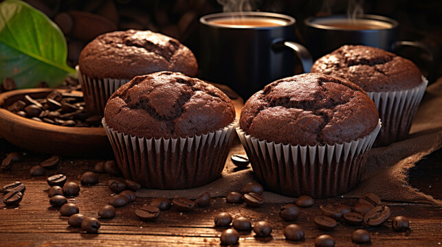 chocolate muffin and coffee HD 8K wallpaper Stock Photographic Image 