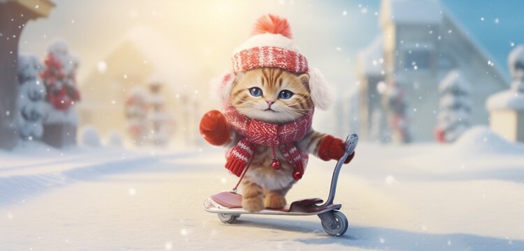 A charming leopard character, dressed in a snug winter coat and a red stocking cap with a white pom pom, skillfully riding a scooter through a magical snowy landscape, spreading joy and smiles.