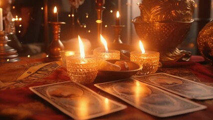 Fortune mystic teller putting occult tarot cards on table dark room. Magical pagan fate destiny reading ritual. Esoteric astrology prediction. Supernatural spiritual medium. Quartz stone and candles.
