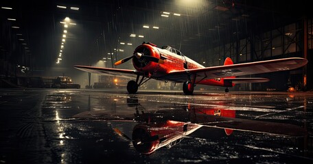 samolot śmigłowy czerwony hangar lotnisko - obrazy, fototapety, plakaty
