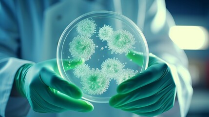 Hands of a scientist in rubber gloves hold a box with bacteria