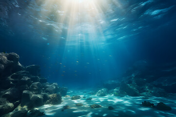 underwater scene, in the style of photo-realistic landscapes, high detailed, sunrays shine upon it, dark turquoise and light white - obrazy, fototapety, plakaty