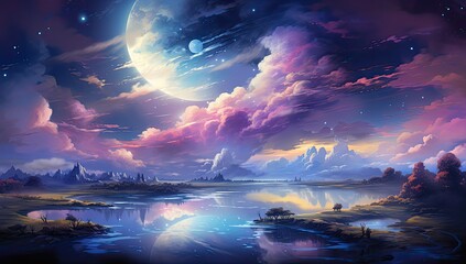 widok kolorowego nieba z planetami i księżycem w błękitno fioletowe barwy - obrazy, fototapety, plakaty