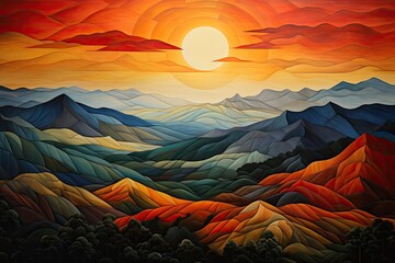 widok wschodzącego słońca na tle górskich szczytów w formie sztuki komputerowej - obrazy, fototapety, plakaty