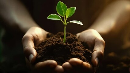 Man hold green new plant in his hands. In palms of farmer, sprout in fertile land. Agriculture concept. Gardener on plantation plants sprouts into soil. Agriculture, Grow food. Caring for environment.