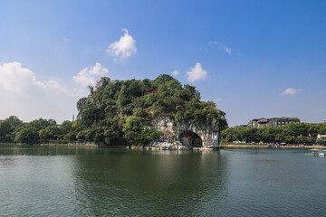 Panorama view of elephant trunk hill - an eroded karst geological formation in Guilin, China