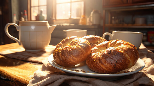 coffee and croissant HD 8K wallpaper Stock Photographic Image 