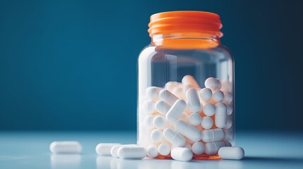 Close up of white pills in orange bottle on blue background with copy space for medicine