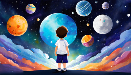 A child looking at a sky full of planets. Generative AI