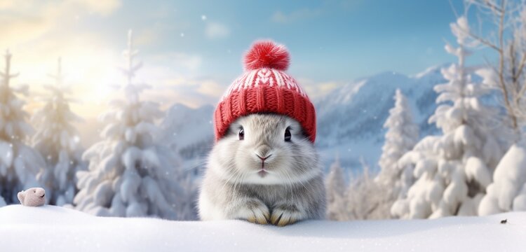 A fluffy bunny, donned in a cozy winter coat and a vibrant red stocking cap, enjoys a frosty morning in a magical forest. Snow-covered and dressed in winter coat and stocking cap.