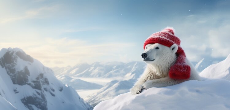 A fluffy polar bear, dressed in a snazzy winter coat and a cheerful red stocking cap, enjoys a serene moment on a snow-covered rock,