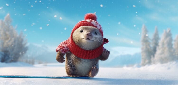 A charming platypus character, dressed in a snug winter coat and a red stocking cap with a white pom pom, skillfully riding a scooter through a magical snowy landscape, spreading joy and smiles