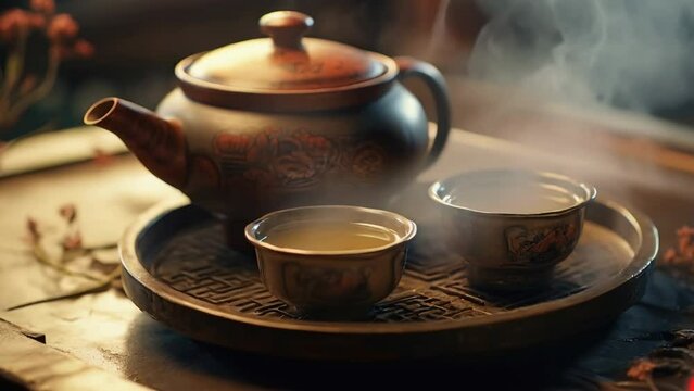 Chinese tea ceremony. Healthy herbal leafy drink. Asian traditional natural beverage. Beautiful teapot and teacups at wooden table. Delicious aroma breakfast. Health lifestyle concept. East tradition.