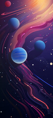 Design a cosmic-inspired wallpaper using minimal elements, incorporating stars, planets, and cosmic shapes for an otherworldly feel, vector, minimalist, procreate art, illustration, unreal engine 5 - obrazy, fototapety, plakaty