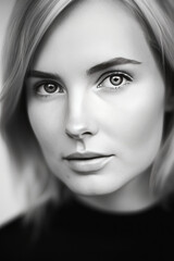 Fototapeta premium portrait noir et blanc d'une jeune femme blonde aux cheveux court et lisse, regard aux yeux clair