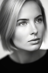 Fototapeta premium portrait noir et blanc d'une jeune femme blonde aux cheveux court et lisse, regard aux yeux clair