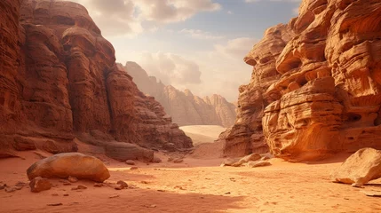 Fotobehang Amongst expansive red sands and spectacular sandstone rock formations, Hisma Desert, Saudi Arabia  Nature Reserve region is being designed to deliver protection and restoration of bio © Emil