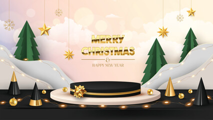 Christmas banner for product demonstration. Black pedestal or podium with golden ribbon and origami Christmas trees, led light string. - obrazy, fototapety, plakaty