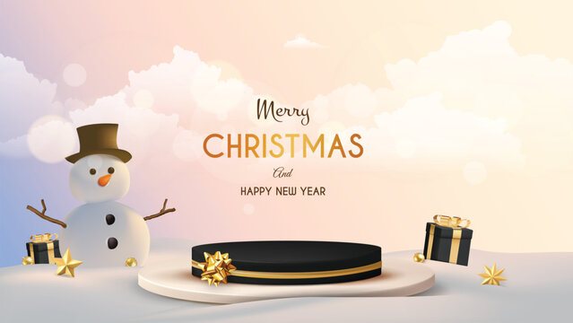Black Christmas podium with snowy landscape and snowman, Rendering style vector illustration.