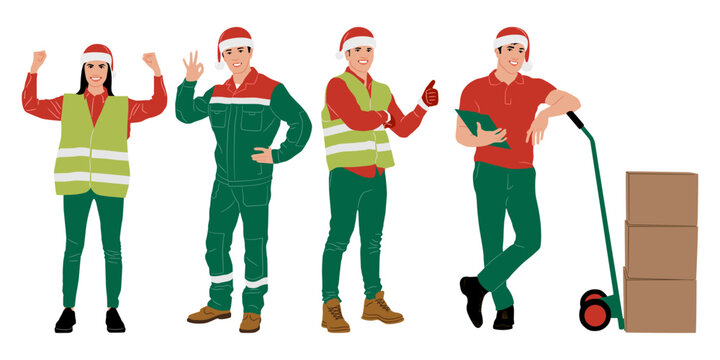 Set of male and female construction workers wearing Christmas hats and vests. Warehouse workers in different poses. Santa hats. Uniform in Christmas colors. Vector illustration isolated on white	
