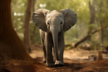 A baby elephant is walking in a Forest Background