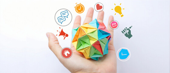 Creative background with origami paper and novelty ideas to develop future business investment goals. hand, business, application, online , development, child, toy, connection, banner, 3D rendering