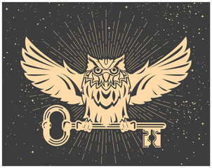 Mystic owl with key in claws, tarot wisdom and secret knowledge symbol, owl with spread wings, vector