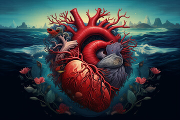 Sea heart with beautiful ocean on background. Stylized heart illustration with blue ocean waves, corals, plants and blood veins. Protect sea earth, conserve water ecosystem. World Oceans Day concept - obrazy, fototapety, plakaty