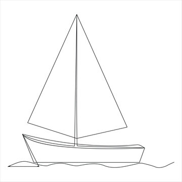 Single line art drawing continuous on sailboat icon and outline vector minimalist design