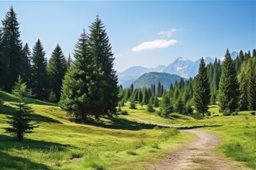 Fototapeta premium Spring Or Summer Landscape With Green Hills And Trees Near Big Mountains Illustration