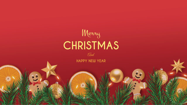 Merry Christmas background with photo real Christmas objects. 