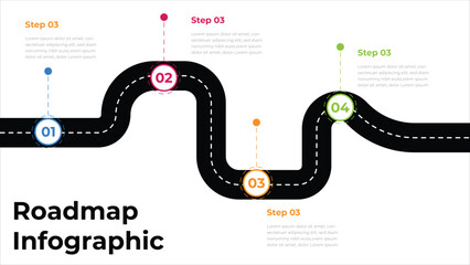 Roadmap infographics layout. Winding road to success with pin pointers.