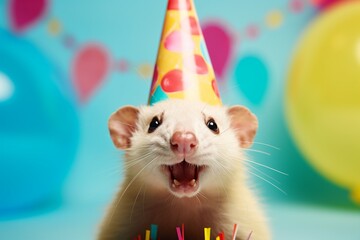 A jubilant ferret donning a birthday hat, adding to the birthday festivities. Copy space on solid background.
