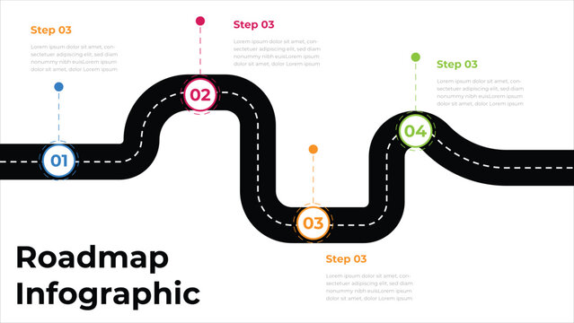 Roadmap infographics layout. Winding road to success with pin pointers.