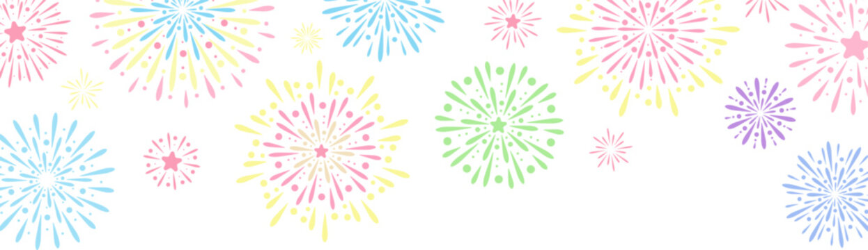 Colorful cute fireworks vector banner, festive clip art frame for greeting cards, holiday background