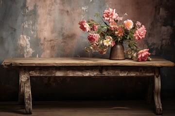 Isometric Wooden Table With Flowers In Vase