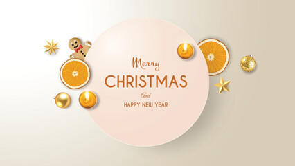 Merry Christmas and Happy New Year. Background Xmas design of realistic, 3d bauble balls, glitter gold stars, Christmas poster, greeting cards. Flat lay, top view. Holiday composition