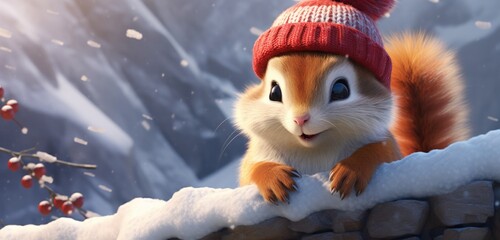 A charismatic chipmunk, in a stylish winter coat and a cute red stocking cap, discovers a cozy spot on a snow-covered rock, creating a picturesque winter scene.