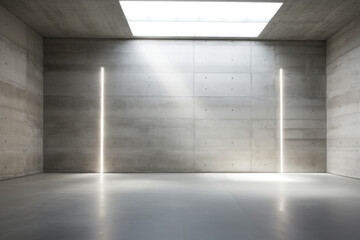 Minimalist architectural space in beige tones, characterized by a stark, concrete room. The room is bare, with raw concrete walls, floor, and ceiling, giving it an industrial