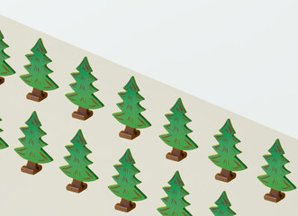Wallpaper pattern made of fir-trees against the beige and white background. Copy space. Minimal Christmas pattern. 