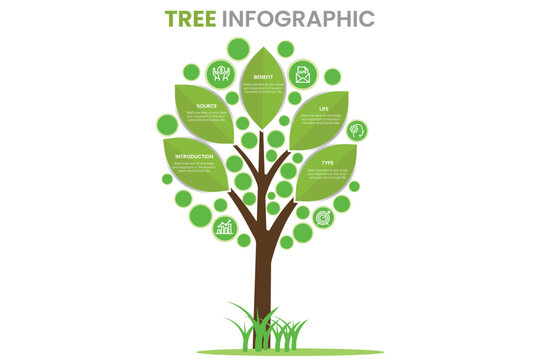 Vertical Timeline tree infographics. presentation concept with 5 options. can be used for workflow layout, diagram, web design. environment and sustainable development. save nature and green leaf.