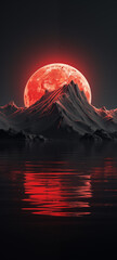 Red moon and a red glow in the dark mountain, in the style of reflex reflections, mysterious backdrops, calm waters, i can't believe how beautiful this is, luminescent color scheme, dark gray and red - obrazy, fototapety, plakaty