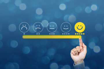 Customer touching loading bar for rating feedback scale. Loading giving smile emoticon. Service...