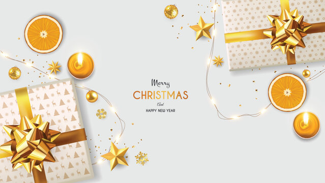 Merry Christmas and Happy New Year. Background Xmas design of realistic gifts box, 3d bauble balls, glitter gold stars. Christmas poster, greeting cards. Flat lay, top view. Holiday composition