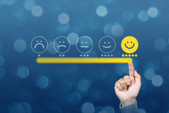 Customer touching loading bar for rating feedback scale. Loading giving smile emoticon. Service rating, feedback, satisfaction concept