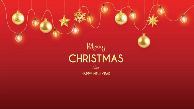 Hanging Christmas baubles, vintage christmas light and golden glitter stars on red background.