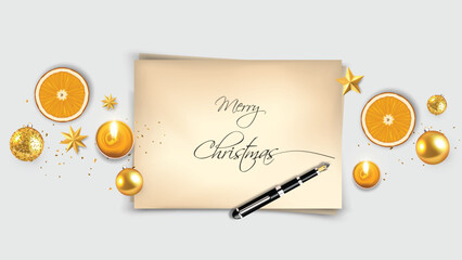 Top View of Merry Christmas lettering on papers heet with inkpen. Realistic vector christmas object composition 