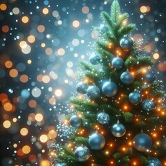 Fototapeta na wymiar Blue Bokeh Lights Adorn Christmas Tree - Real Fir Branches with Glittering Ornaments in Abstract Defocused Background (Includes 3D Rendering Elements)
