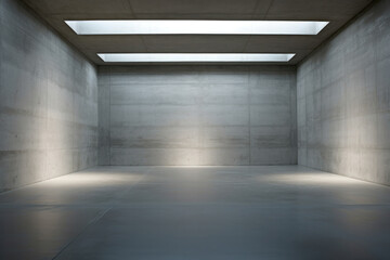 Minimalist architectural space in beige tones, characterized by a stark, concrete room. The room is bare, with raw concrete walls, floor, and ceiling