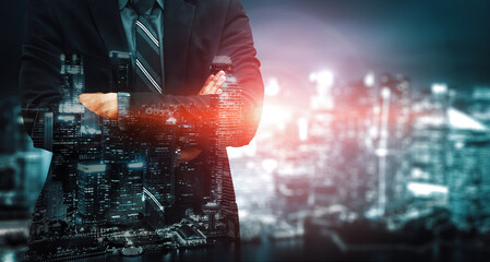 Double Exposure Image of Business Person on modern city background. Future business and...